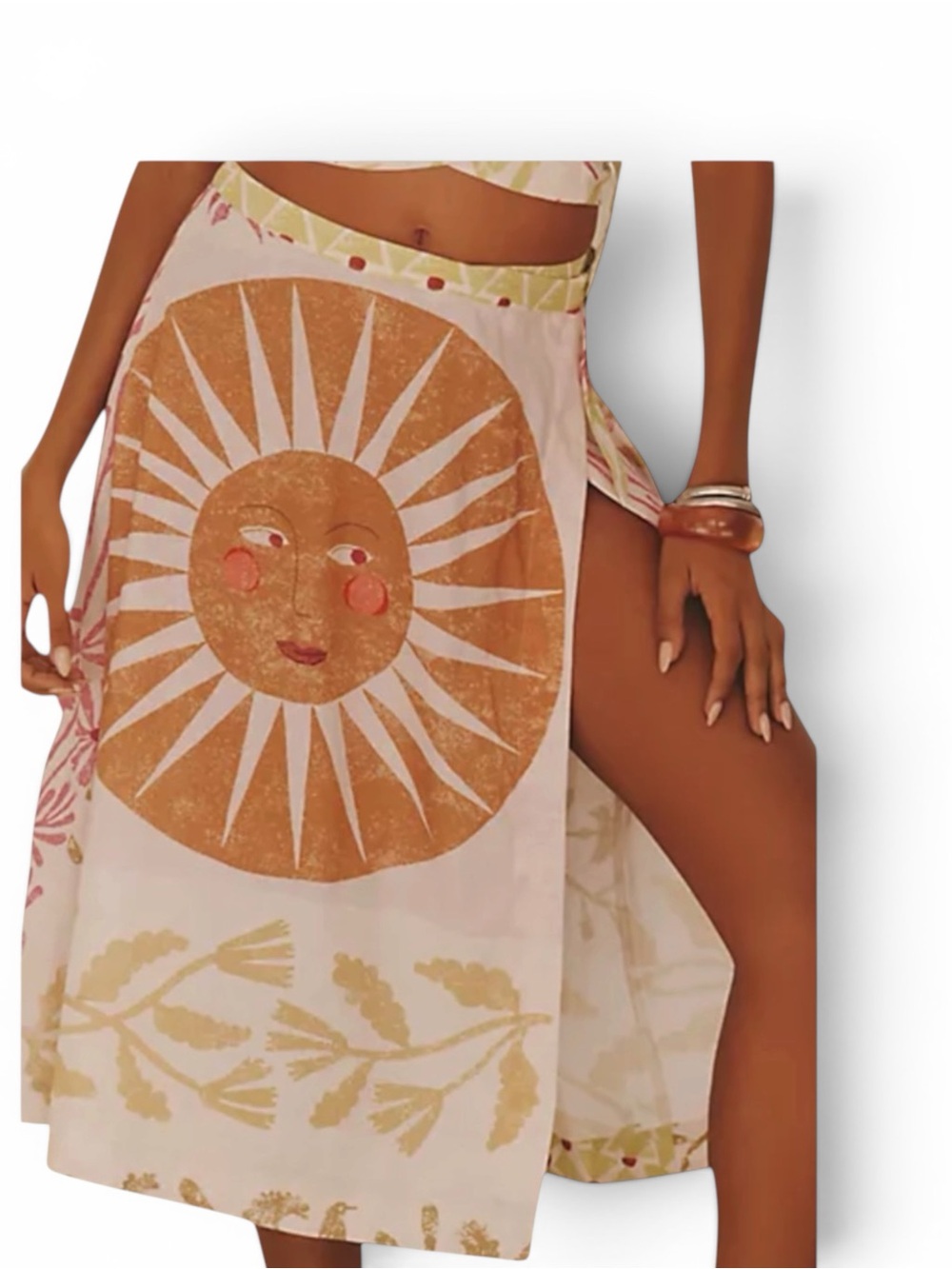 Anthropologie Cream and Gold Sun-Print Wrap Skirt